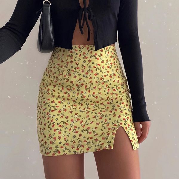 

summer women slim floral split hip skirt print high waist skirt women party black skirt ladies short beach skirts 210514