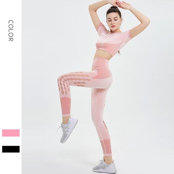 

2pcs women sport workout fitness set seamless yoga cycling short sleeve hight waisted pants for female 2021 gym wear suit outfit