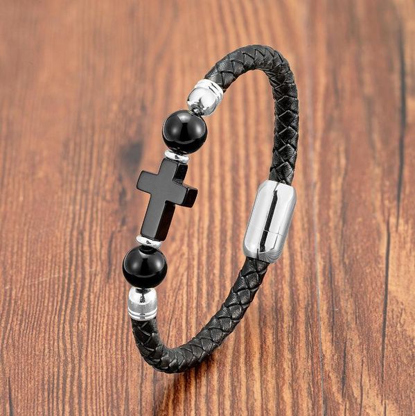 

charm bracelets natural round tiger eye stone men women cross bracelet weave genuine leather handmade trendy jewelry wholesale, Golden;silver