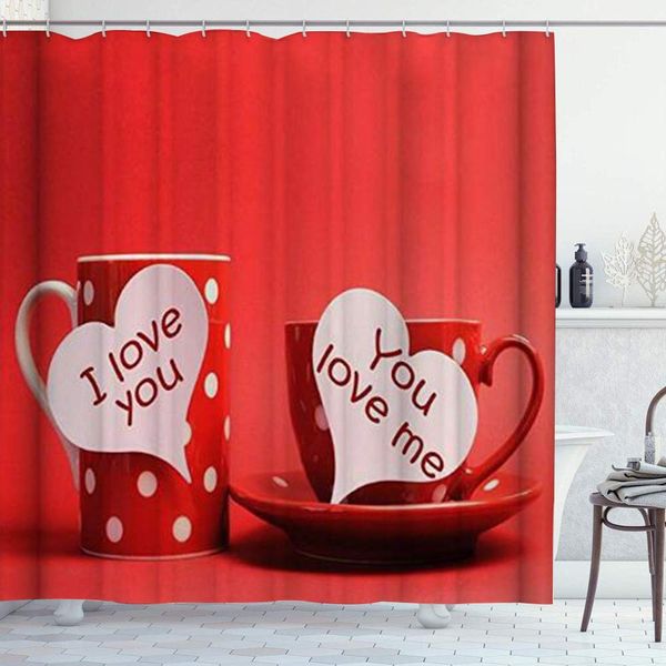 

shower curtain set with 12 hooks,couple lover cups i love you you love me coffee cup mug red and white,machine washable,72" x