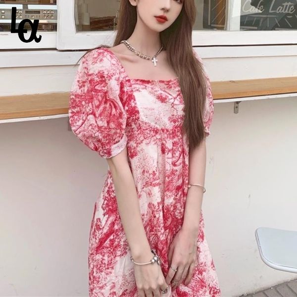 

korean elegant floral pink midi dress women kawaii sweet print short sleeve loose casual street summer 210519, Black;gray