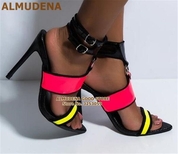 

glossy pink neon yellow ring buckle sandals metal strap decorated high heel shoes mixed color wedding pumps, Black