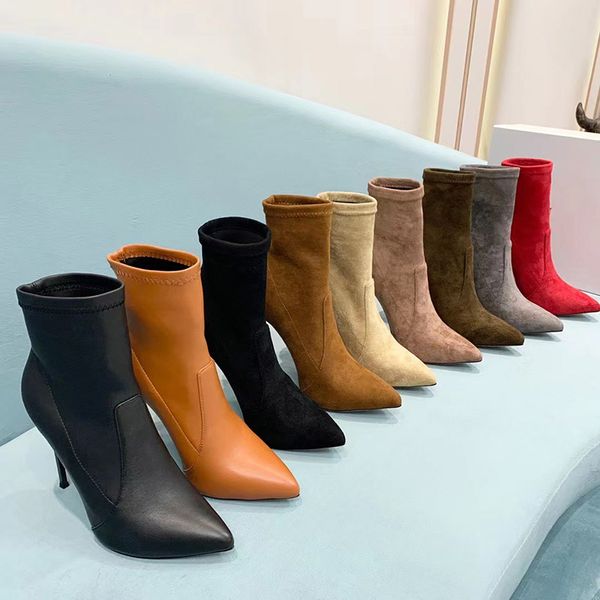 

ankle boots autumn women sock stretch boot slip on metal high heels pointed toe mid-calf stilettos botines mujer 2021 designer ladies shoes, Black