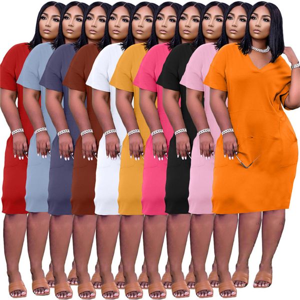 

plus size s-3xl women dresses short sleeve one-piece dress loose packet skirts casual summer clothing solid color black midi skirt sports we, Black;gray