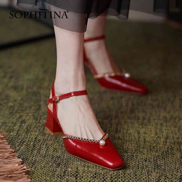 SOPHITINA Retro Sandali da donna Catena Decorazione di perle Scarpe classiche che coprono la punta Tacco spesso antiscivolo Scarpe estive femminili AO796 210513