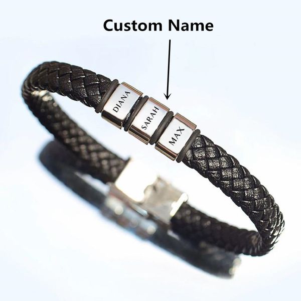 

leather braided rope bracelets personalized genuine for mens custom name 1-9 names beads jewelry gift with gift box, Golden;silver