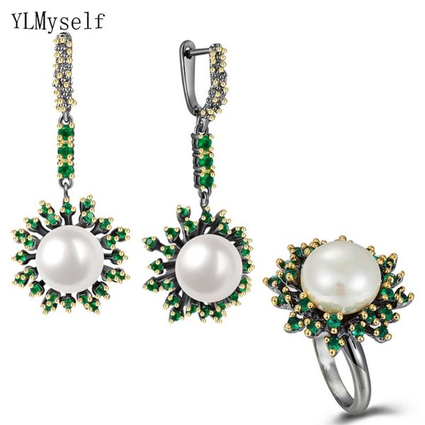 

earrings & necklace elegant dangle ring sets big pearl setting sparkly green cz gorgeous 2pcs jewelry gift for wife, Silver