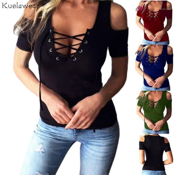 

kuelawear off shoulder threading v-neck casual summer womens t-shirt ladies solid color splicing short sleeve plus size women's, White