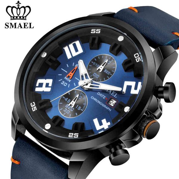 

mens watches luxury brand smael chronograph sport quartz wristwatch men three eyes date clock male military waterproof watch x0524, Slivery;brown