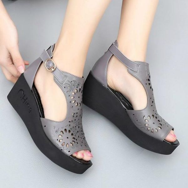 

summer women gladiator hollow out sandals genuine leather wedeges heel platform rome ankle buckle ladies shoes zapatos de mujer, Black