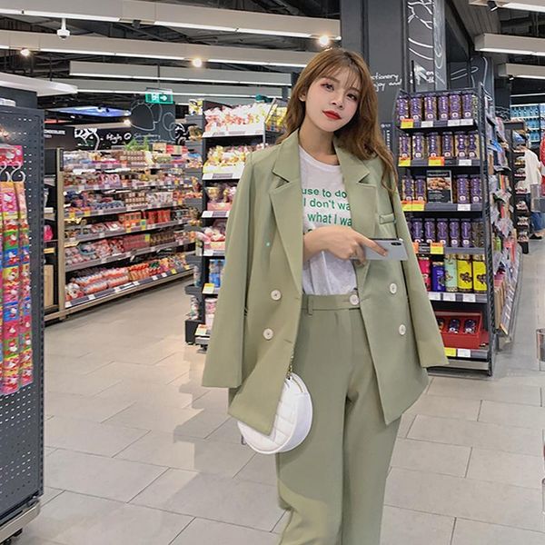 

two piece dress autumn winter thicken women pant suit light green notched blazer jacket & 2021 office wear suits female sets 960g, White