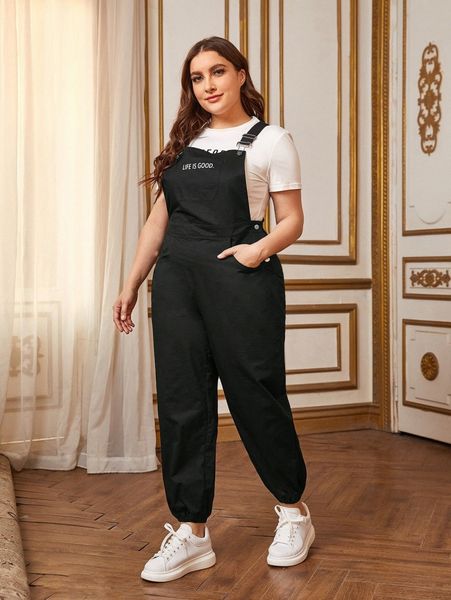 

plus adjustable strap letter graphic pinafore jumpsuit u2kc#, Black