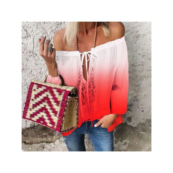 

2021 summer new women's digital print lace up off shoulder shirt, White