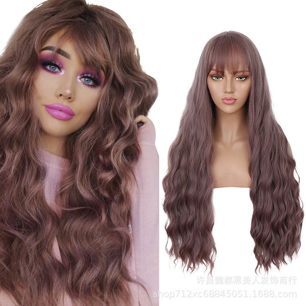 

fashion water ripple long wig roll chemical fiber head set price, Black