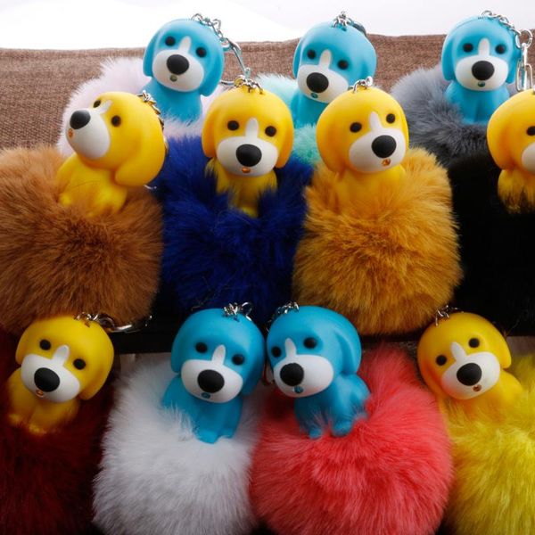 

keychains key chain women/pompoms dog keychain bag pendants cute puppy fur ball ring car pendant charm jewelry accessory, Silver