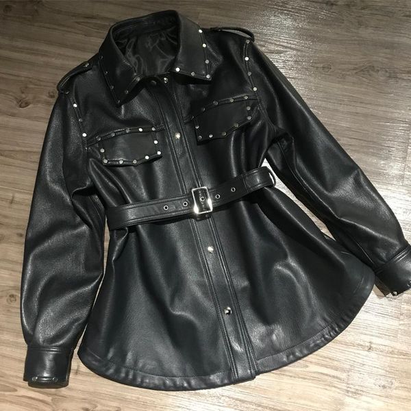 

women's leather & faux lamb shirt ladies real sheep coat genuine outwear, Black