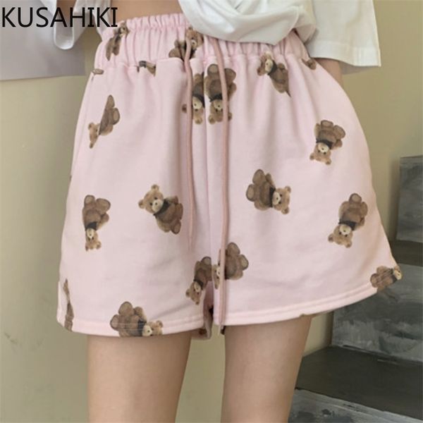 

korean cartoon bear printed shorts women lace up stretch high waist bottoms summer causal wide leg short feminimo 6g964 210603, White;black