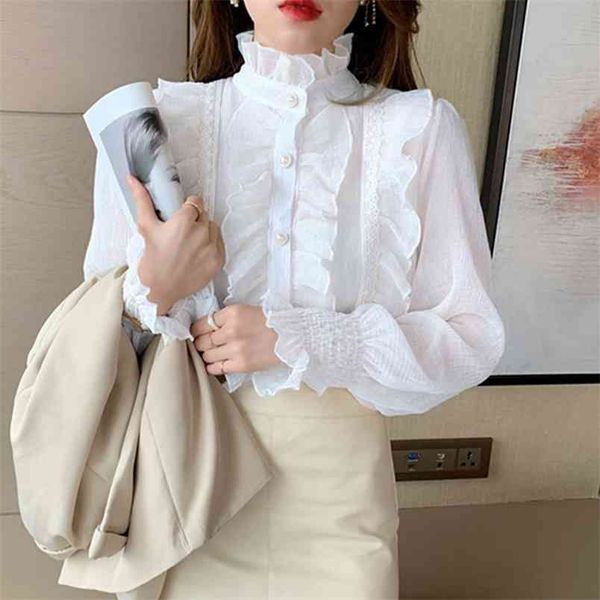 

korean ruffle lace chiffon shirt elegant sweet chic long puff sleeve women blouse apricot stand collar clothes blusas 13433 210421, White