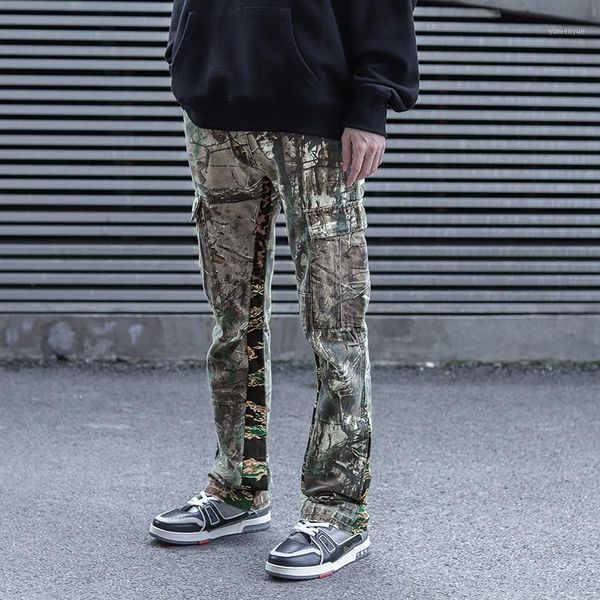 

men's pants camouflage leopard print color block mens cargo retro pockets straight oversize casual overalls loose hip hop trousers, Black