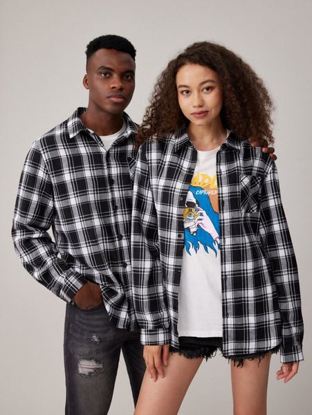 

romwe plaid button front pocket blouse 07ix#, White;black