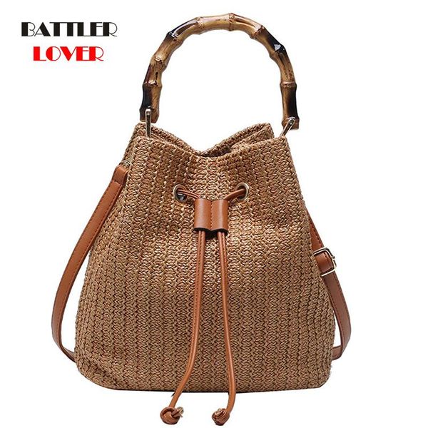 

slub handle straw bucket bags for women 2021 small shoulder handbags and purse female travel totes lady fashion hand bag cross body