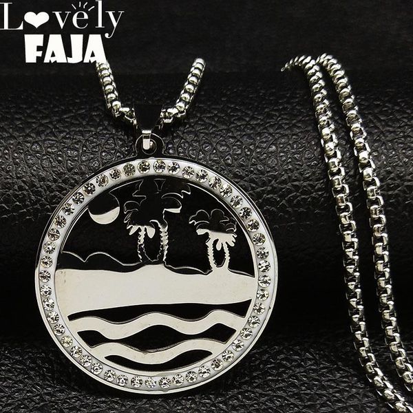 

fashion sun coconut tree crystal stainless steel necklace women silver color chain jewelry bisuteria mujer n18586s03 pendant necklaces