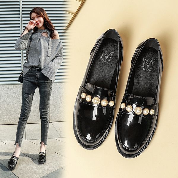 

dress shoes string bead japanned leather oxfords womens shallow slip on flat loafers european pearl preppy single derby woman 43 n7j2, Black