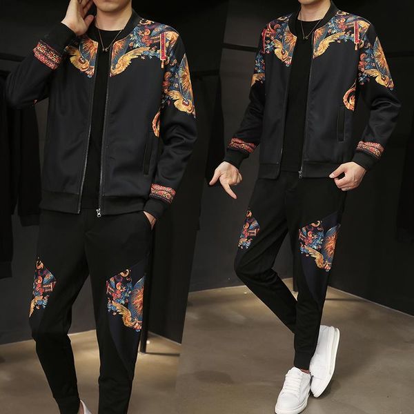 

men's tracksuits luxury phoenix gold wing tracksuit men set autumn winter zipper jacket pants 2 piece fashion party comfortable, Gray