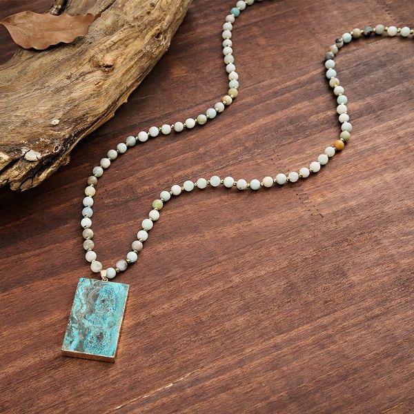 

pendant necklaces drop shopping boho amazonite beaded strand natural square ocean stone long necklace jewelry for women, Silver