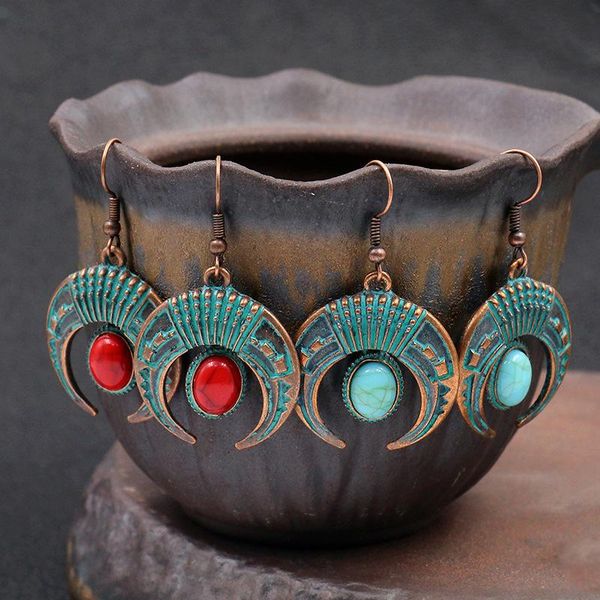 

dangle & chandelier ethnic women's moon metal turquoises stone earrings bijoux vintage tribe ladies tibetan jewelry, Silver