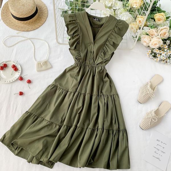 

v neck ruffles button womens dress midi summer party tank sundress women casual high waist a line beach holiday vestido, Black;gray