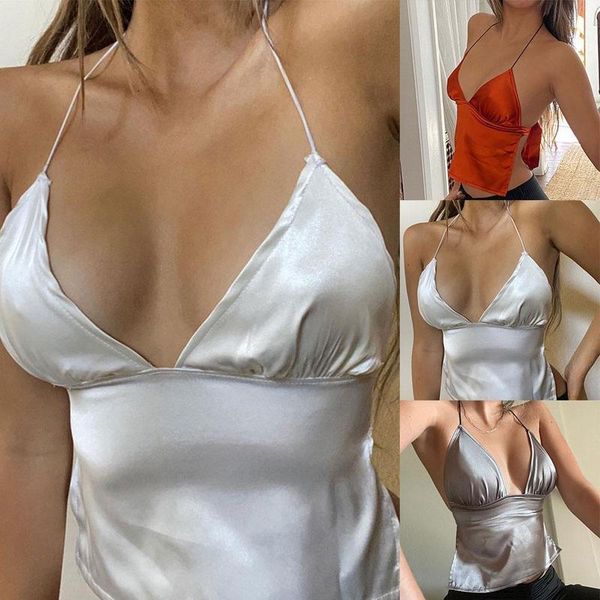 

women deep v neck backless satin crop vintage style bodycon club outfits party wear y2k 2000s streetwear women's tanks & camis, White