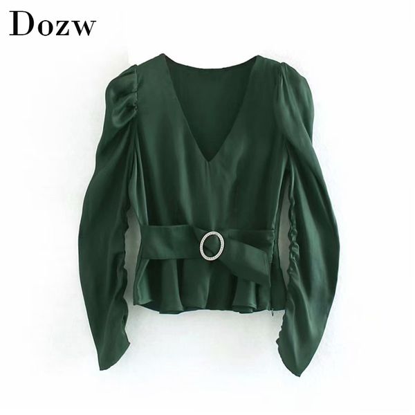 

stylish v neck green color ladies blouses sashes puff long sleeve fashion side zipper solid shirt female chic silk tunic 210414, White