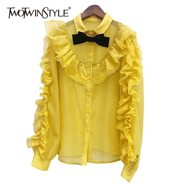 

patchwork lace casual shirt for women lapel long sleeve elegant black blouse female fashion clothing 210524, White