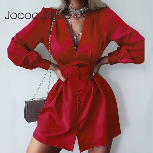 

europe v neck solid office lady buttons mini dress elegant slim shirt long sleeve party vestido 210428, Black;gray