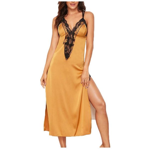 

women womens sleepwears satin floral lace night dress sleepwear high split silk long nightwear lingerie camis nightgown summer, Black;red