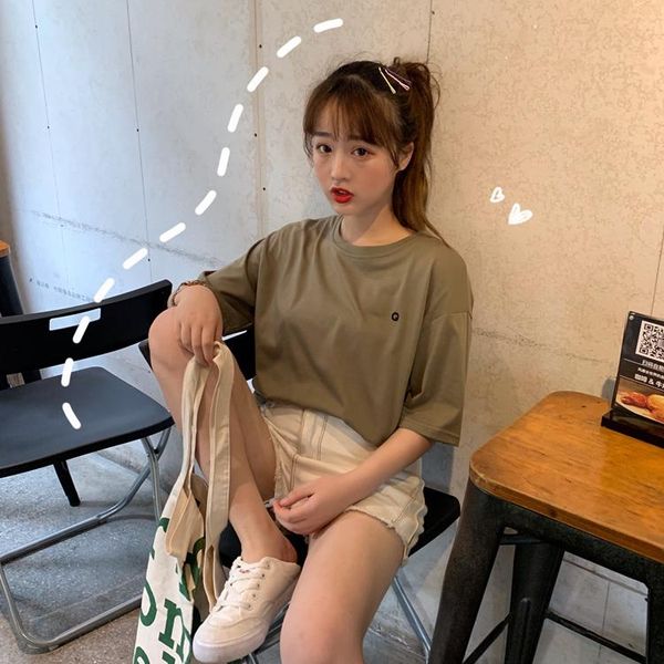 

women's t-shirt japanese fashion cotton soft solid color knit women short sleeves round neck embroidery, White