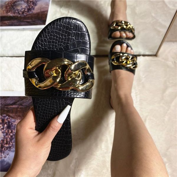 

chain slippers women summer open-toed sandals flat non-slip slides ladies beach shoes zapatillas de mujer claquette femme, Black