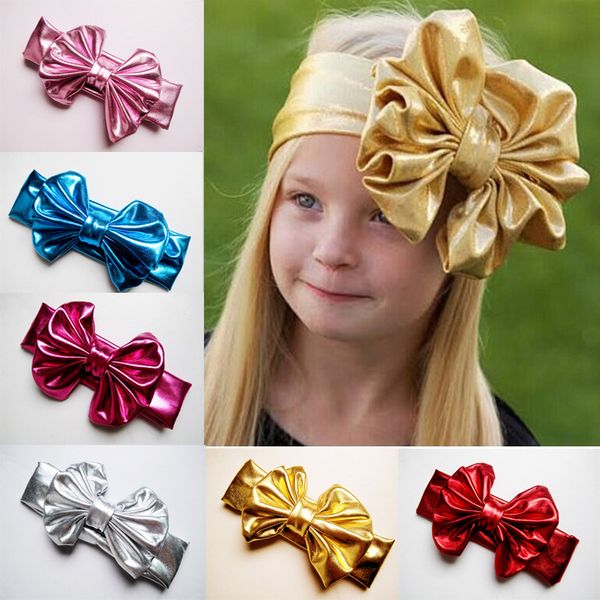 Accessori per capelli Fiocco color metallo Fascia per capelli Fascia abbronzante Baby Metallic Big Bowknot Fasce elastiche Avvolgente per la testa vintage M3946