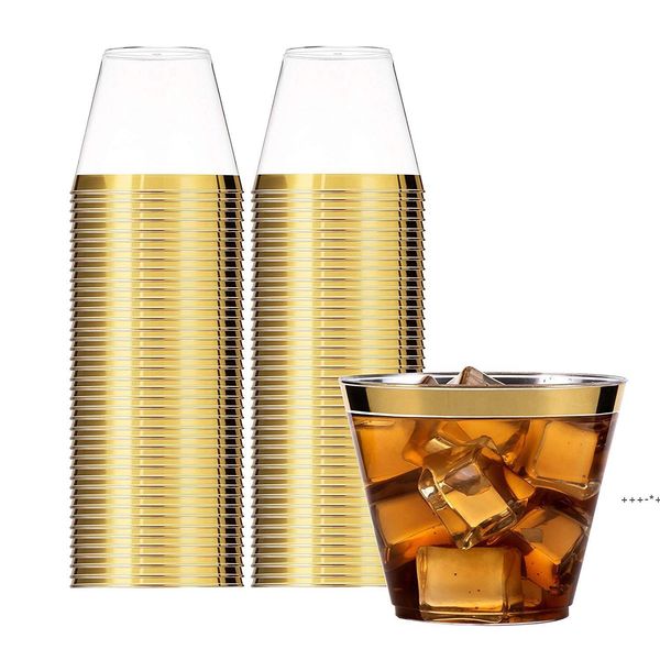 Newrose Gold Plastic Cups ~ 9 унций прозрачные пластиковые стаканчики старомодные тумблеры ~ розовое золото оправа чашки фантазии одноразовые свадьбы день рождения RRD1284