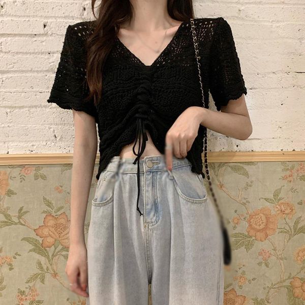 

women's t-shirt summer solid v neck t shirts short sleeve crop draw rope shirt tees sunscreen female t-shirts, White