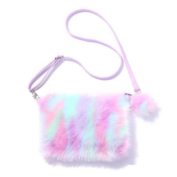 

cute kids rainbow purses and handbags kawaii girls plush crossbody bags for women faux fur small wallet ladies coin bag purse, White