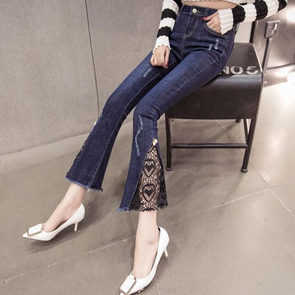 

women's jeans autumn 2021 korean blue lace nine-minute pants mini bell slim stretch tide