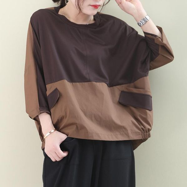 

women's hoodies & sweatshirts [ewq] 2021 spring summer arrivals o-neck pullovers three quarter sleeve patchwork pattern type women casu, Black