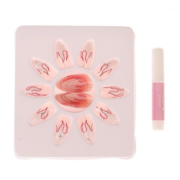 

pcs/set full cover nails red flame design fashion finished nail art punk pattern fake round head1, Red;gold