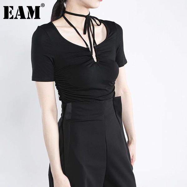 

women's t-shirt [eam] women black gray hollow out bandage casual round neck short sleeve fashion tide spring summer 2021 1de1152, White