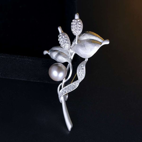 

art silver flower brooch with diamond grade pearl suit coat brooch accessories, Gray