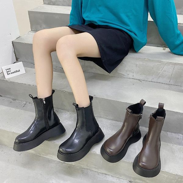 

boots women's autumn flat heel round toe luxury designer female shoes clogs platform zipper boots-women lolita fashion rock ladi, Black