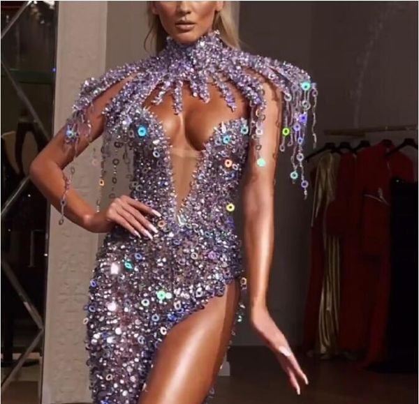 Vestido de noite Yousef Aljasmi Zuhair Murad Myriam Fares Alto-pescoço Roxo Lantejoulas Bainha Manga Curta Kim Kardashian Kylie Jenner