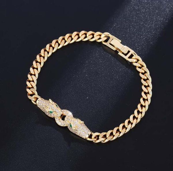 

link, chain bold leopard-head classic bracelet fashion big luxury zircon super flash couples punk hip hop rock animals thick hand, Black